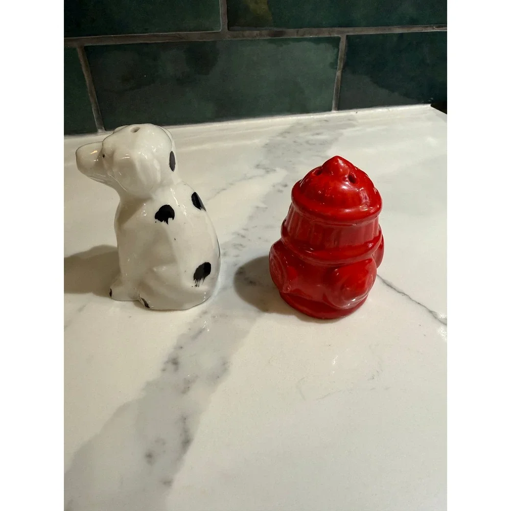Vintage Dalmatian Dog and Red Fire Hydrant Ceramic Salt and Pepper Shaker Set
